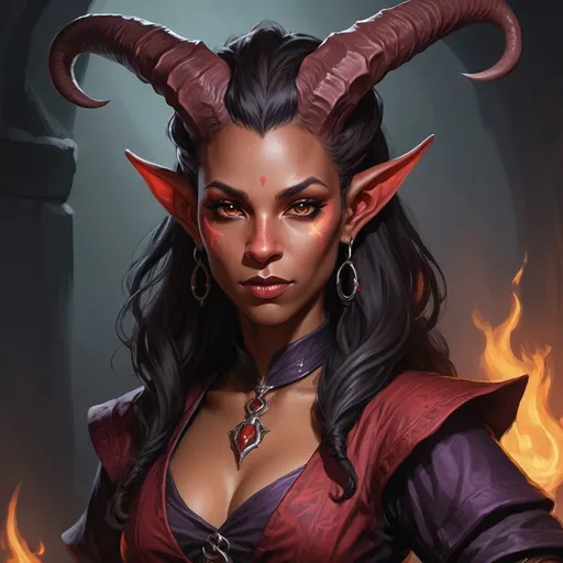 Prompt: Generate a detailed character illustration of a female Tiefling warlock from the Dungeons & Dragons (D&D) fantasy universe. The character should have horns on her head, and a dark fantasy-inspired aesthetic. The artwork should be similar in style to dark fantasy art. Provide a close-up portrait of the Tiefling.