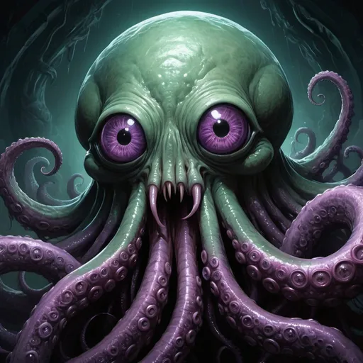 Prompt: A nightmarish portrait of an eldritch Lovecraftian entity, inspired by the iconic cosmic horror creations of H.P. Lovecraft:
The focal point is a tightly cropped, extreme close-up view of a monstrous, vaguely cephalopod-like visage from the stuff of darkest nightmare. Multiple bulbous eyes clustered in an unsettling asymmetric pattern glare balefully outward, their slitted pupils blazing with a sickly bioluminescent glow.
The creature's head and undulating tentacle-like appendages are composed of a horrifically unnatural fusion of leathery flesh, chitinous plating, and pulsating membranous tissues in putrid shades of grey, green and violet. Intricate textures and foul bio-luminescent speckles and nodes add blasphemous geometric complexity.
Thick ropes of tangled tentacles with hooked barbs snake outward from the abomination's sundry orifices. Its horrific maw gapes open, displaying a blackened maw lined with rows of hooked fangs and a lolling, beast-like tongue slicked with vile ichors.
In the shadowy background existence seems to descend into a roiling, indescribable higher-dimensional void filled with hypnotic non-euclidean geometries and eldritch spectral colors that could drive the viewer's fragile mind to shattered ruin with the merest unguarded glance.
Render this unholy, unknowable monstrosity in a highly detailed occult Neo-Gothic/Cthulhu Mythos style reminiscent of the best Lovecraftian artists like Barlowe, Dan Mumford and Tom Bagshaw. Prioritize intricate textures, asymmetric geometries, and intricate line work to maximize the blasphemous, mind-bending cosmic horror.
