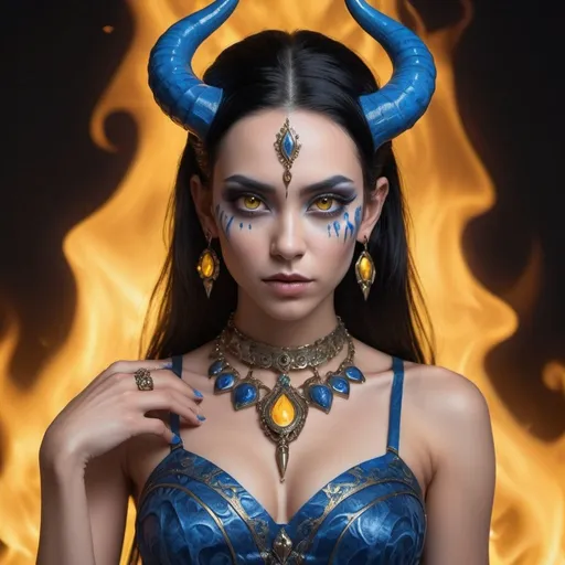 Prompt: This hyperreal portrait showcases a mesmerizing woman with black hair, yellow eyes, and blue skin adorned with intricate facial marks. Her manicured nails, demon horns, pointy ears, and elegant jewelry complement her mystical aura. Holding a staff emitting blue fire, she wears a sleeveless blue dress accentuating her abs and chest. Flawless makeup and complexion stand out against an outstanding background of swirling blue flames, creating an enchanting and powerful image.