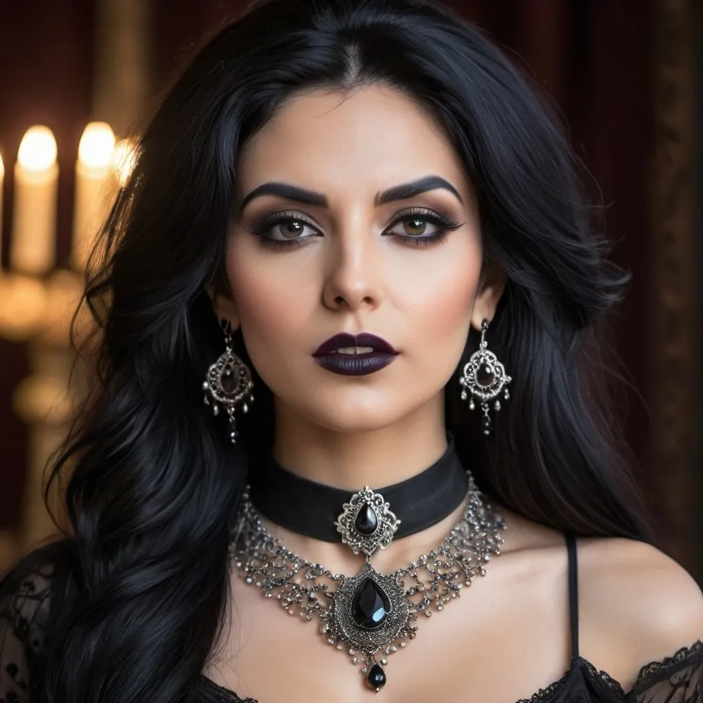 Prompt: A close-up of a woman wearing a necklace and earrings, with gorgeous dark hair and makeup, a beautiful Iranian woman with very beautiful goth top model look, a wonderful dark-haired sorceress, a striking vampire female queen with sultry look, a high-quality portrait photograph of a vampire with shoulder-length black hair and intricate black choker.