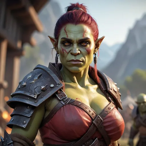 Prompt: extremely detailed CG, high resolution, best quality, best masterpiece, super fine illustration, vibrant colors, official art,8k wallpaper,(masterpiece:1.3), dynamic depiction, dynamic angle, dynamic pose, depth of field, cinematic lighting / one beautiful female orc