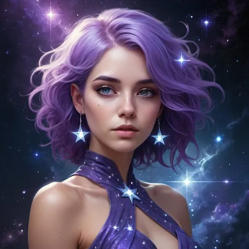 Prompt: Purple hair with a star cluster and a blue dress, beautiful fantasy art portrait, digital art fantasy, gorgeous digital art, digital fantasy art, fantasy digital art, beautiful fantasy portrait, cyborg goddess in cosmos, digital fantasy art.