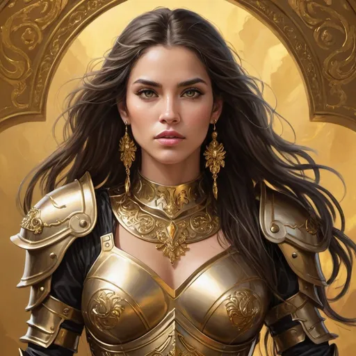 Prompt: Create a stunning, realistic digital painting of a woman adorned in an ornate gold chest piece and armor, standing in a powerful pose against a golden background. This captivating female warrior, with her flowing black hair and delicate yet striking earrings, exudes confidence and strength.
The intricate details of her jewelry and armor reflect the craftsmanship of a fantasy world where beauty and combat prowess intertwine. As she gazes directly at the viewer with a hint of mystery in her eyes, the golden hues surrounding her enhance her radiance and determination.
Inspired by the long-haired heroines of epic tales and legendary battles, this brunette beauty commands attention and admiration. The lifelike rendering and striking contrast between her feminine features and the strength of her armor make for a visually arresting composition that celebrates the duality of grace and power.