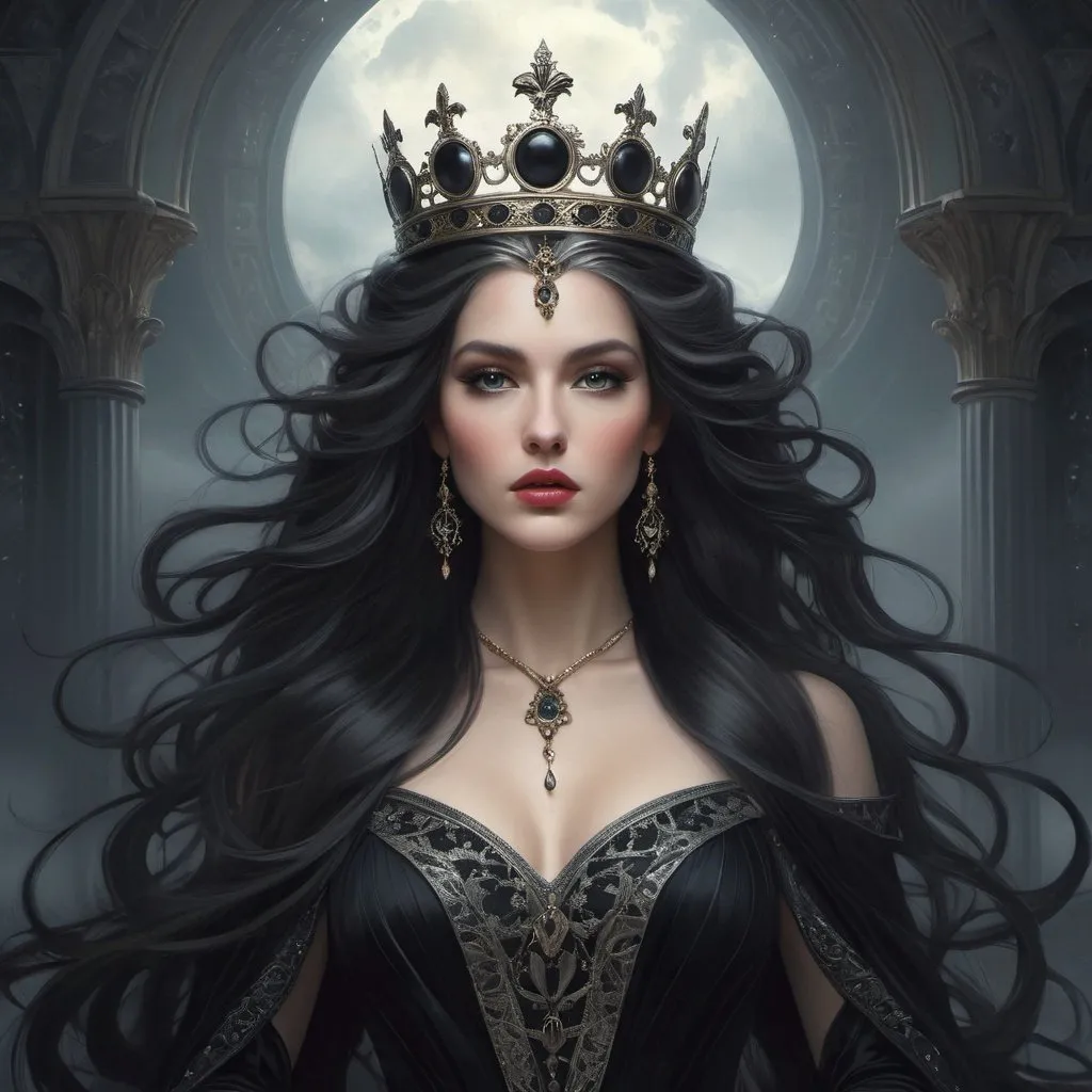 Prompt: Create a highly detailed, dark fantasy-style digital illustration of a woman with long, flowing hair adorned with a regal crown, reminiscent of a Gothic oil painting. Blend elements of dark fantasy art and Art Nouveau, drawing inspiration from artists Tom Bagshaw and Donato Giancola. Depict the woman as a powerful and enigmatic figure, evoking the essence of Persephone, the Goddess of Death. Incorporate intricate details and a dark, moody color palette, capturing a sense of mystery and allure. Ensure your illustration showcases the fusion of these artistic influences, resulting in a captivating and visually stunning portrayal of this dark, Gothic queen.