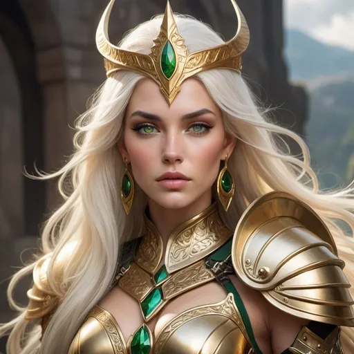 Prompt: Create a highly detailed and stylized close-up portrait of a powerful fantasy warrior woman with long white hair and captivating green eyes, standing confidently in her majestic golden armor. Incorporate Artgerm's signature intricate designs and details into her ornate armor, including a breastplate and shoulder guards that highlight her nobility and strength.
Adorn her with a striking golden crown featuring pointed, horn-like extensions and large, matching gold earrings that enhance her regal appearance. Set the woman against a breathtaking, rugged, mountainous landscape with ancient, majestic buildings in the distance, adding a sense of grandeur and epic scale to the scene.
Draw inspiration from artists such as Artgerm, Julie Bell, Beeple, and Aly Fell, combining their styles to create a unique and visually stunning portrait. Ensure high detail and meticulous rendering of her facial features, hair, armor, and the fantasy environment, capturing the essence of a formidable warrior queen who commands attention and admiration in a mystical, otherworldly setting.