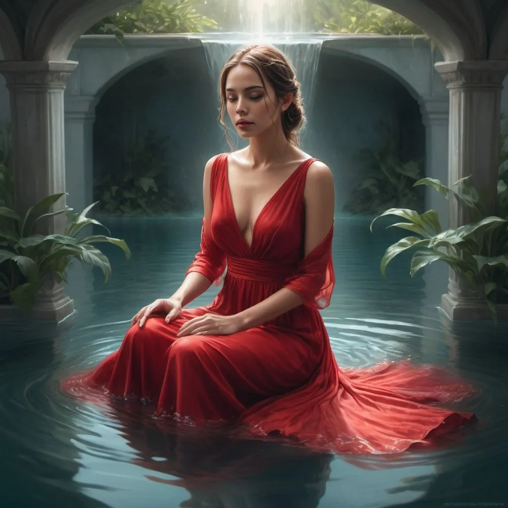 Prompt: Create a hyperrealistic fantasy digital painting of a woman in a flowing red dress, seated gracefully within a serene pool of water. Emphasize a breathtaking, elegant, and cinematic atmosphere with intricate details and a realistic style. Capture her captivating beauty and ethereal presence, with a focus on symmetry and a striking composition that evokes a sense of wonder and awe.

