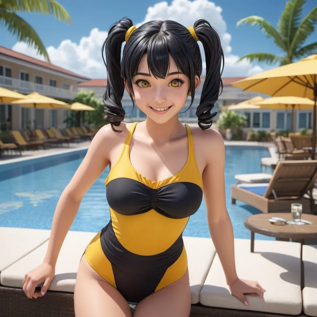 Prompt: Create a 32K CG masterpiece featuring a girl with short twintails and black hair smiling at a hotel poolside. Ultra-detailed illustration with high resolution, forward lighting, and a blue sky background. Meticulously crafted anime face, intricate game-like eyes, and a yellow swimsuit accentuating her figure. Progressively add more details for an exquisite final piece.