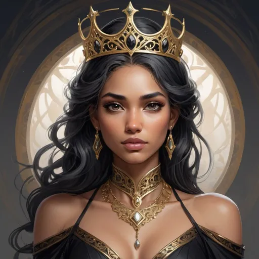 Prompt: Craft a highly detailed digital painting of a captivating woman in a gold and black outfit, incorporating a crown and halo, inspired by Charlie Bowater's distinctive fantasy art style.
Design a woman with a strong, regal appearance, wearing an intricate, flowing outfit in a striking combination of gold and black.
Adorn her with a majestic crown, emphasizing her status and authority, and a radiant halo around her neck to convey a sense of divinity or enlightenment.
Incorporate elements of fantasy art, such as magical runes, ornate patterns, or ethereal effects, to imbue the character with an otherworldly presence.
Draw inspiration from Charlie Bowater's intricate and vivid style, utilizing bold colors, dramatic lighting, and expressive brushwork to bring the character to life.
Set the scene within an epic fantasy environment, such as a grand throne room, mystical forest, or otherworldly landscape, to contextualize the character's role and power.
Pay close attention to details in the character's facial expression, pose, and costume, showcasing her confidence, strength, and unique personality.
The final artwork should depict the woman as a visually captivating and empowering figure, blending elements of fantasy, royalty, and divinity within an epic fantasy setting, and showcasing Charlie Bowater's distinctive and evocative art style.