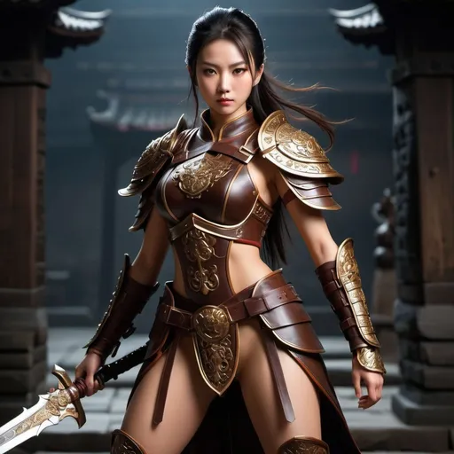 Prompt: In a mysterious dungeon at the heart of ancient China, a fearless warrior stands tall, clad in intricately crafted leather armor. Her deep brown eyes, set within their sockets, hold a steely determination as she prepares to face the mythical beasts that lurk in the shadows. Her form boasts perfect proportions, with long, powerful legs and arms contrasting a small, poised head. This full-body depiction, set against the dark of night, exudes an aura of martial prowess and the indomitable human spirit in the face of untold dangers.

