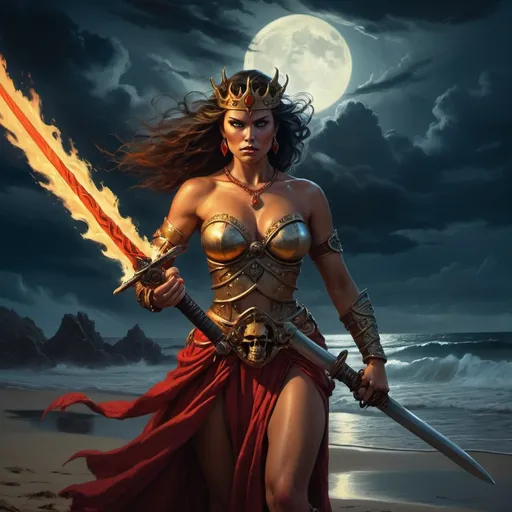 Prompt: Create a striking digital painting of a powerful warrior queen wielding a flaming sword on a moonlit beach set against a tempestuous, dark sky. Use bold, fiery colors and strong chiaroscuro lighting inspired by Boris Vallejo's style, capturing dynamic poses and intricate textures. Set this scene in the fantasy realm of Skull Island to emphasize the queen's defiant spirit.

