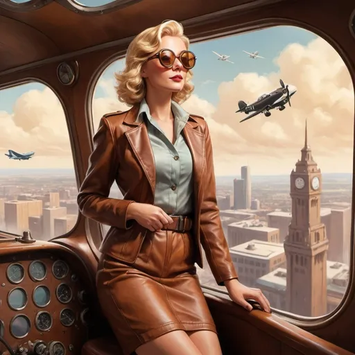 Prompt: Design a stylized image of a blonde woman with glasses, gazing out a window at a low-flying airplane over a cityscape. Dress her in a brown leather aviator suit, complete with goggles and a matching hat, evoking a sense of adventure and aviation. Set the scene with a sky backdrop featuring clouds and building silhouettes, implying a location such as a ship or airport tower. Use warm, inviting colors and stylized details to convey a nostalgic, vintage atmosphere, capturing the essence of a daring, trailblazing female pilot or explorer.

