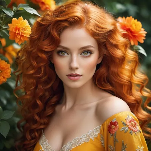 Prompt: Create an enchanting illustration of a young woman with lush, curly red hair and intense yellow eyes, exuding a sense of mystery and allure.
Voluminous Red Curly Hair and Orange Flowers: Style the woman's hair in voluminous, cascading curls, creating a striking contrast between her vibrant red hair and the delicate orange flowers adorning it.
Yellow Eyes and Complexion: Emphasize the woman's hypnotic gaze by depicting her eyes in a vivid shade of yellow, contrasting against her fair complexion.
Intricate Red and White Dress: Design an elegant and eye-catching dress featuring a combination of red and white fabrics, enhanced by detailed embroidery that adds depth and visual interest to the character's attire.
Posture and Expression: Portray the woman in a pose that exudes confidence and grace, with a subtle yet captivating expression that invites the viewer to delve deeper into her story.
Utilize a color palette that effectively combines warm red, white, and orange hues, accentuating the woman's unique features, intricate attire, and the delicate floral accents in her hair. Ensure the illustration captures the intricate details and powerful aura of the character, showcasing her as an enchanting embodiment of beauty, mystery, and artistic elegance.