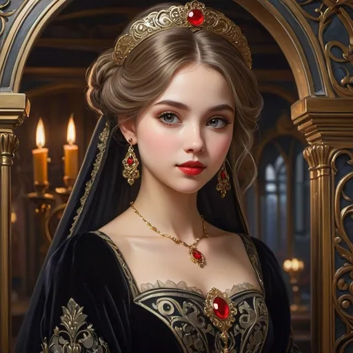 Prompt: 1.	Create an elaborate and detailed oil painting in the style of Russian Art Nouveau featuring a female character. The character should be a cute vampire with red pupils inside big eyes, smiling with black lips, and holding a knife. She should be depicted in an intricate velvet dress adorned with laces and elegant metal ornaments. The overall look should be cinematic, evoking a sense of mystery and elegance. Pay special attention to the fine details such as the texture of the velvet dress, the reflections in the eyes, and the intricate patterns on the metal ornaments. Ensure that the painting captures a balance between the cute and the eerie aspects of the character. The artwork should be suitable for display on a platform like ArtStation to showcase the detailed work. Focus on creating a visually striking composition that draws the viewer in while staying true to the Russian Art Nouveau style. Remember to emphasize the contrast between light and shadow to add depth to the painting. Aim for a high level of realism and attention to detail to bring the character to life on the canvas.