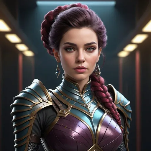 Prompt: Design a hyper-realistic, dark fantasy female character with bold colors and a Fishtail hairstyle. Dress her in an attractive space queen armor, reflecting her confidence and fashion sense. Set against a randomized background, focus on hyper-realistic textures, dramatic lighting, and a striking color palette. Render her with clean lines, showcasing a fashionable, self-assured, and tyrannical goddess of beauty and charm in an alluring space setting.