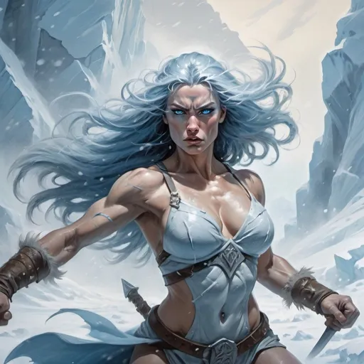 Prompt: a warrior woman with defined biceps and icy blue eyes, hair flowing in the wind, in a frosty glacier setting, fierce fighting stance, cold and icy knuckles, and snowstorm ambiance, painted in shades of frosty blues and whites, inspired by Frank Frazetta's style, combat scene, dynamic lighting.