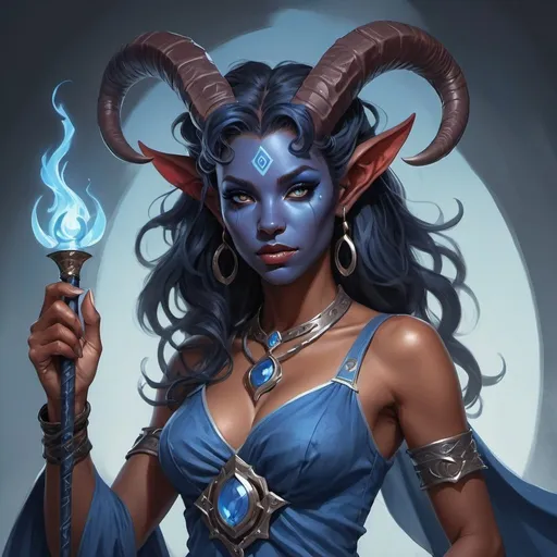 Prompt: Design a captivating Tiefling female inspired by Dungeons & Dragons, with an alluring blue-hued appearance and striking features. Adorn her with horns and blue makeup, accentuating her otherworldly charm. Clothe her in a flowing, ethereal gown, and depict her wielding a wand with an air of mystical power. Incorporate cosmic elements and intricate details reminiscent of a Tiefling druid or warlock character, capturing the essence of Vriska Serket. Craft your illustration in the style of renowned artists Artgerm, Julie Bell, and Beeple, ensuring a visually stunning and awe-inspiring portrayal.