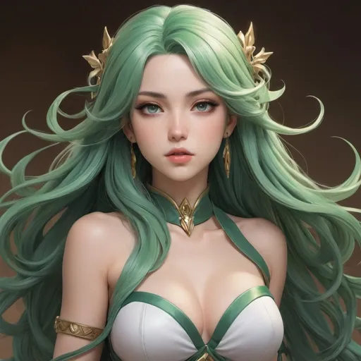 Prompt: Create an Artgerm-inspired masterpiece featuring a close-up of a woman with flowing green hair, dressed in a corset. Aim for an extremely detailed artwork, incorporating elements of the goddess of sorrow and Lady Palutena. Capture the essence of a beautiful, alluring anime woman, drawing influences from Range Murata and Artgerm. Incorporate high detail in the character design, reminiscent of official artwork, showcasing a captivating anime goddess with Fus Rei-like features. Ensure a visually striking representation of an anime character in the distinctive Artgerm style, with a focus on intricate details and alluring beauty.

