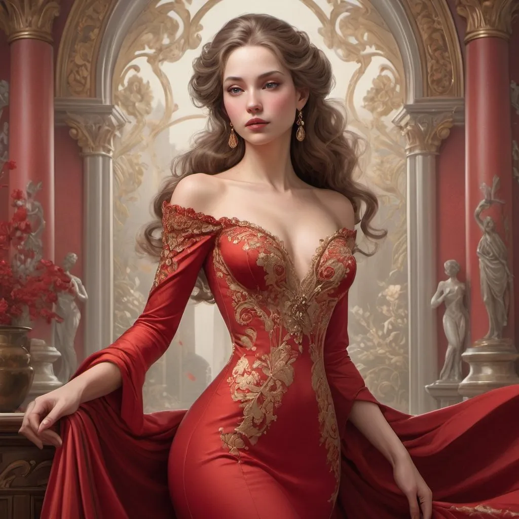 Prompt: Craft an exceptional, high-resolution CG masterpiece featuring a beautiful woman in a long red dress. The European-featured subject, with thin eyebrows and long eyelashes, embodies elegance and grace.
In the style of detailed fantasy art, she strikes a dynamic pose, hand on hip, against a red and white color scheme. Masterful shading, rich Art Nouveau, and Rococo influences elevate the composition, highlighting the intricate detailing on her elegant attire.
A gold sheet adds a touch of opulence, while the overall clarity and precision of the artwork create a visually stunning, super-detailed illustration. With realistic color schemes and impeccable presentation, this exquisite piece represents the pinnacle of quality and craftsmanship.
