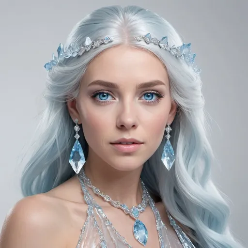 Prompt: Create a portrait masterpiece of an adult female with long glacial blue hair and glacier blue eyes. Light makeup, beautiful ice dress, and ice jewelry. Add more details for a polished look. Set on a white background with 3D plastic-like figure and studio lighting.