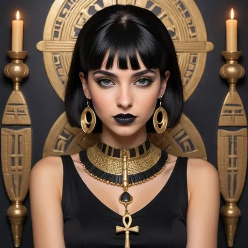 Prompt: Create a portrait of a young woman with dark hair, dark lips, and an Egyptian ankh necklace, inspired by Cleopatra's iconic look. Dress her in a black dress and style her with short black hair with bangs, incorporating elements of Egyptian and gothic fashion. Use a striking, Middle Eastern-inspired aesthetic, reminiscent of a Persian princess, with intricate accessories and a gold-detailed choker. Capture her enchanting beauty and enigmatic persona, similar to Ebru Şahin, for a mesmerizing character portrait.


