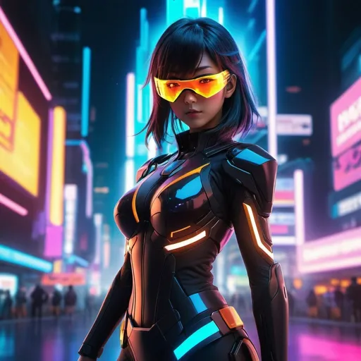 Prompt: Futuristic Cyber Guardian
Setting: A blurred, neon-lit cityscape merging with the character's aura.
Central Figure: A futuristic female protagonist in sleek black attire, wearing a visor covering her eyes, exuding confidence and power.
Composition: A powerful pose with vibrant light effects and swirling energy, holding an advanced technological device.
Color Palette: Neon city lights and bright energy effects create a striking contrast against the dark attire.
Style: A mesmerizing 3D anime illustration combining 3D rendering, anime style, and portrait photography elements.