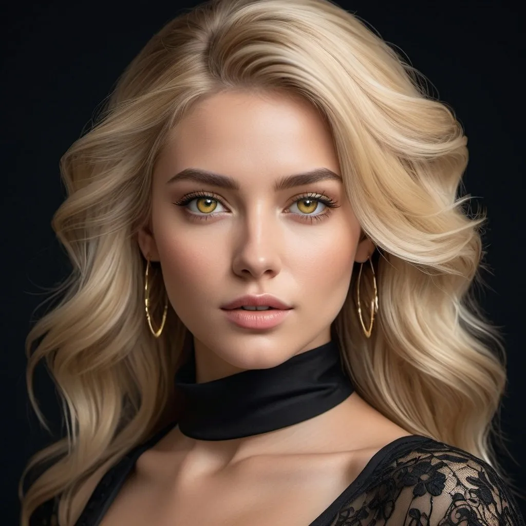 Prompt: In a mesmerizing 8K masterpiece, a captivating woman with flowing blonde hair and piercing yellow eyes holds the viewer's gaze with a sense of connection and intrigue. Adorned in an elegantly understated black crop top, her upper body exudes confidence and allure, while her full-face blush adds a touch of sophistication to her visage.
The hyperrealistic details are rendered in breathtaking clarity, from the subtle textures of her hair to the intricate design of her attire, creating an atmosphere of depth and immersion. This evocative portrait speaks to the power of human connection, bridging the gap between subject and viewer in a seamless fusion of artistry and emotion.