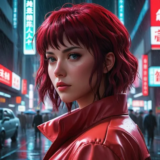 Prompt: Anime art of ghost in the Shell, detailed scene, red, perfect face, intricately detailed photorealism, trending on artstation, neon lights, rainy day, ray-traced environment, vintage 90's anime artwork.