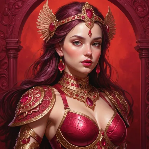 Prompt: A (((luxuriously drawn ruby girl))) with intricate, hyperrealistic details, her skin emanating a warm glow against a (((deeply saturated red background))), accented by a pop of magenta around her ears and a sumptuous, ornately designed breastplate that complements her exquisite physique, further elevated by a (fantastically lit environment) that brings out every incredible detail
