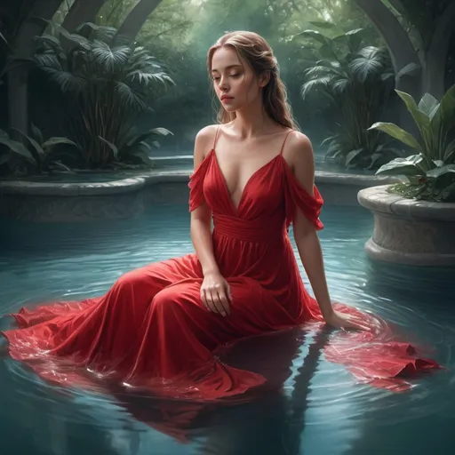 Prompt: Create a hyperrealistic fantasy digital painting of a woman in a flowing red dress, seated gracefully within a serene pool of water. Emphasize a breathtaking, elegant, and cinematic atmosphere with intricate details and a realistic style. Capture her captivating beauty and ethereal presence, with a focus on symmetry and a striking composition that evokes a sense of wonder and awe.

