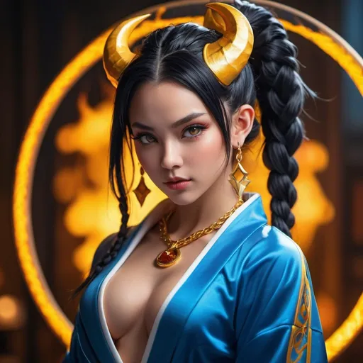Prompt: demon girl, black hair, braid, yellow horns, pointy ears, blue skin, facial mark, fashionable robe, toned abs, jewelry, hoop earrings, perfect lighting, fitness, detailed background, fiery energy