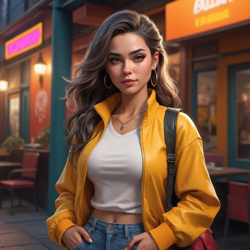 Prompt: Create a hyper-realistic female character with bold colors and a random, captivating background. Emphasize hyper-realistic textures, dramatic lighting, and a striking color palette. Randomize her appearance and outfit her in stylish, attractive clothing. Infuse a positive, energetic vibe for an alluring and engaging character design.

