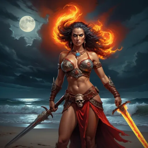 Prompt: a powerful warrior queen with a flaming sword, standing defiantly on a moonlit beach, painted with bold fiery colors against a dark, stormy sky, strong and dynamic poses, inspired by Boris Vallejo's iconic style, chiaroscuro lighting to add drama, intricate digital painting with detailed textures, set in a fantasy realm of skull island