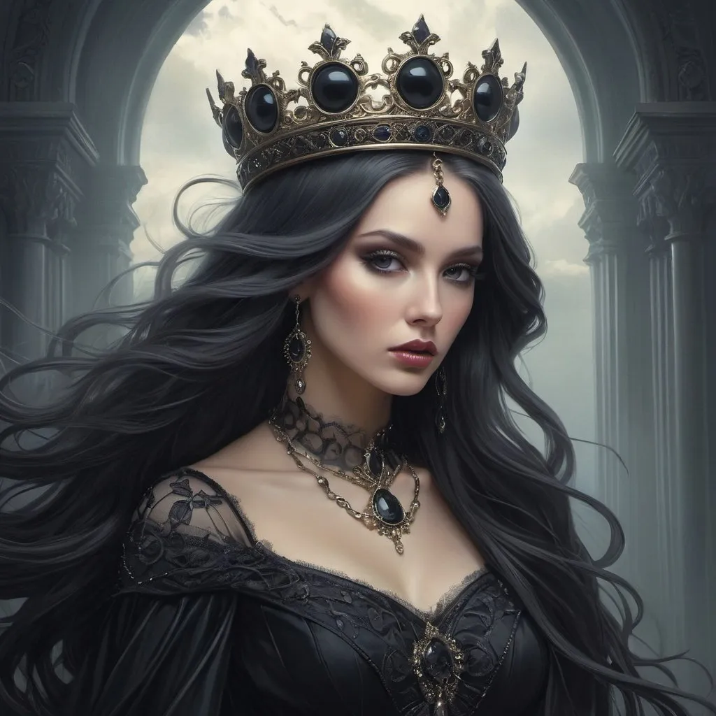 Prompt: Create a highly detailed, dark fantasy-style digital illustration of a woman with long, flowing hair adorned with a regal crown, reminiscent of a Gothic oil painting. Blend elements of dark fantasy art and Art Nouveau, drawing inspiration from artists Tom Bagshaw and Donato Giancola. Depict the woman as a powerful and enigmatic figure, evoking the essence of Persephone, the Goddess of Death. Incorporate intricate details and a dark, moody color palette, capturing a sense of mystery and allure. Ensure your illustration showcases the fusion of these artistic influences, resulting in a captivating and visually stunning portrayal of this dark, Gothic queen.