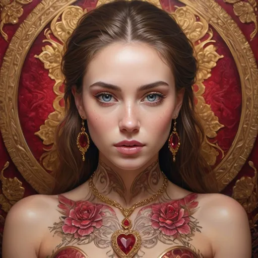 Prompt: Heart of the Ruby: This hyperreal portrait centers around a stunningly beautiful woman adorned with an eye-catching ruby gem installed on her chest, surrounded by an ornate pattern of golden tattoos that spread across her skin like veins of pure light.
Her sleeveless attire showcases her toned physique, while her fashionable clothing draws attention to her confident posture and undeniable allure. Under perfect lighting, her flawless complexion and mesmerizing eyes take center stage, captivating the viewer with an aura of mystery and elegance.
Set against an outstanding, detailed background that highlights the intricate textures of the environment, this mesmerizing portrait celebrates the unique fusion of organic beauty and ornamental design. The woman's radiant presence serves as a testament to her inner strength and resilience, her heart of ruby and gold symbolizing her passionate and indomitable spirit.
The hyperreal details bring this portrait to life, emphasizing the depth and dimension of this unforgettable woman. The result is a breathtaking visual that showcases the perfect balance of beauty, fashion, and artistic mastery, creating an image that is both captivating and unforgettable.