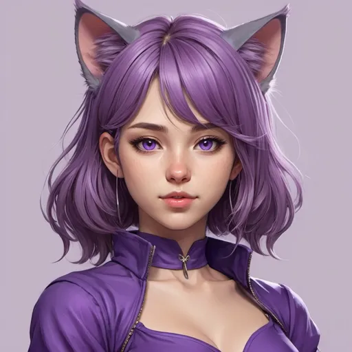 Prompt: Create a digital illustration of a female character inspired by anime and fantasy art. She should have cat ears and be wearing a purple outfit.