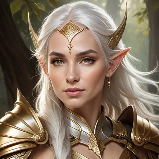 Prompt: Paint a Magali Villeneuve-inspired, white-haired elf queen in gold armor, showcasing her captivating beauty and strength for an epic fantasy setting.