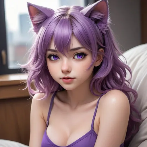 Prompt: A stunningly beautiful young anime catgirl rendered in Artgerm's exquisite portrait style and hyper-realistic anime art aesthetic. She has an enchantingly cute yet alluring facial features with big expressive eyes, a pert nose, and full pouty lips.
Her long lush purple hair flows in stylized locks and waves, with a pair of vividly colored cat ears protruding cutely atop her head. Delicate feminine makeup accents her youthful beauty.
She wears a stylish form-fitting purple crop top that shows a tease of her toned midriff and accentuates her slender yet curvaceous figure. The top could have intricate designs or accents.
The catgirl's pose and expression should exude a captivating blend of youthful innocence and subtle confidence fitting an enticing Instagram model persona. Perhaps she's seated with one knee drawn up, peering over her shoulder at the viewer with a slightly parted lip and coy smile.
Render this beguiling purple-haired anime catgirl with the incredible detail, vibrance, and mastery of light and form that defines Artgerm's work. Use intricate line work, bold saturated colors, dramatic lighting and textures to bring her beauty and allure to vivid life.