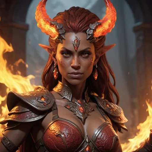 Prompt: Create an 8K masterpiece of a female Ifrit inspired by Dungeons & Dragons, set in a visually captivating environment. Render with dynamic angles, depth of field, and cinematic lighting for an ultrarealistic illustration. Focus on the character's unique design and powerful presence, emphasizing her fiery nature through vibrant colors and intricate details. Implement dynamic poses and high-quality, super-fine illustration techniques to capture the essence of the character in a striking portrayal. Ensure an immersive, engaging atmosphere with a detailed fantasy setting, highlighting the character's connection to the D&D universe.