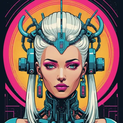 Prompt: Craft a bold and visually captivating digital illustration of a cybernetic goddess, blending retro-futuristic elements with a vibrant pop art aesthetic inspired by Butcher Billy's distinctive style.
Design a striking portrait of the goddess, combining her white hair and cyberpunk enhancements with a retro comic book vibe, reminiscent of the 70s, 80s, and 90s.
Incorporate neon lights, typography, and graphical forms that create a strong contrast against the cosmic backdrop, emphasizing the fusion of technology and celestial beauty.
Use a colorful palette and basic shapes to evoke a nostalgic, vintage feel, while highlighting the goddess's modern cybernetic features and powerful presence.
Blend elements of pop culture, street art, and contemporary design to create a visually impactful piece that celebrates the cybernetic goddess as an iconic figure within a retro-futuristic universe.
The resulting artwork should showcase the goddess's captivating duality, combining her cybernetic nature with a vibrant, nostalgic aesthetic reminiscent of Butcher Billy's unique style.