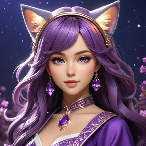 Prompt: Design a digital illustration of a captivating female character fusing anime and fantasy art styles. Give her adorable cat ears atop her head, adding an element of whimsy to her appearance. Clothe her in an elegant and eye-catching purple outfit, showcasing her unique fashion sense and emphasizing her connection to the fantasy realm. Craft intricate details and textures on her attire, using flowing lines and complementary colors to accentuate her enchanting presence. Capture an expressive and engaging pose that reveals her charismatic personality, while ensuring her facial features reflect the charm and allure often found in anime heroines. Use a vibrant color palette and dynamic lighting to create an immersive atmosphere, and incorporate magical elements such as glowing runes or ethereal energy to further elevate her fantastical aura.