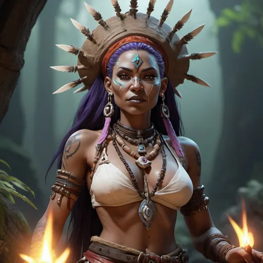 Prompt: Create an 8K masterpiece of a female witch doctor character from the Dungeons & Dragons universe. Render with dynamic angles, depth of field, and cinematic lighting for a high-resolution, ultrarealistic illustration. Focus on the character's unique design and mystical aura, incorporating vibrant colors and intricate details inspired by her magical abilities. Implement dynamic poses and super-fine illustration techniques to capture her powerful presence and connection to nature. Ensure an engaging atmosphere with a detailed fantasy setting, showcasing the character's role as a healer and spiritual guide within the D&D world.

