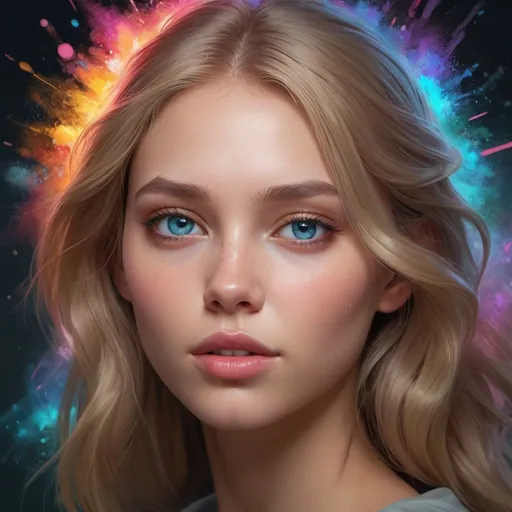 Prompt: Create an ultra-realistic 8K portrait of Scarlett Leithold, exuding cosmic energy with vibrant, colorful painting bursts surrounding her. Capture her beautiful, symmetrical face with a nonchalant and kind expression, featuring realistic round eyes. Apply tone mapping and intricate, elegant details for a highly refined digital painting that showcases the best of Artstation and concept art.
Ensure smooth blending of colors and a sharp focus on the subject, with a dreamy, magical atmosphere reminiscent of art by Artgerm, Greg Rutkowski, and Alphonse Mucha. Render the portrait in both 4K and 8K resolutions for maximum visual impact and clarity.