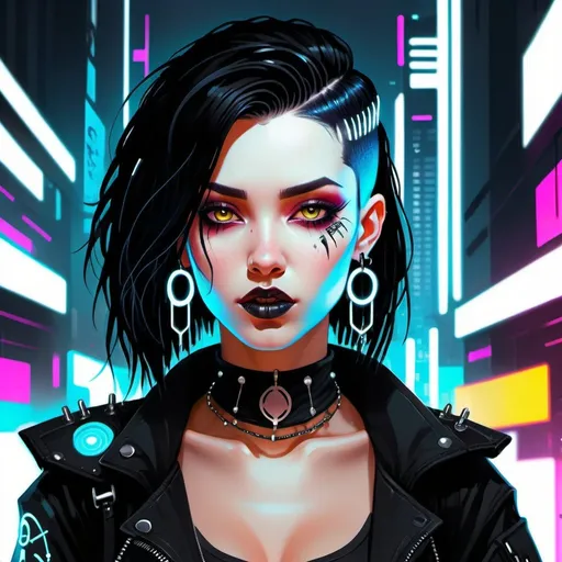 Prompt: Design a digital illustration of a black-haired woman in a cyberpunk world, exuding a dark goth queen and punk girl aesthetic.
Depict her with long black hair and various piercings, accentuating her edgy appearance.
Create a powerful, confident, and mysterious persona through her facial features.
Incorporate gothic and cyberpunk elements, like dark makeup, cybernetic enhancements, and futuristic accessories.
Emulate Rossdraws' style with clean lines, vibrant colors, and distinctive character design.
Utilize a dark color palette with neon accents, capturing her goth chic and punk girl vibe.
The final illustration should showcase the character's intricate details and aura within a dystopian cyberpunk setting.