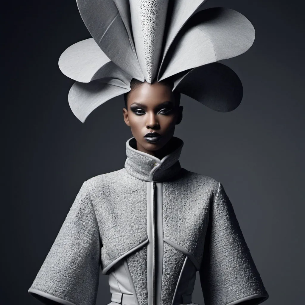 Prompt: Avant-Garde Couture: Create a high fashion editorial spread featuring a model in an avant-garde outfit that pushes the boundaries of traditional fashion, incorporating unconventional materials, shapes, and textures.