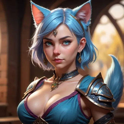 Prompt: D&D character portrait, extremely detailed CG, high resolution, best quality, best masterpiece, super fine illustration, vibrant colors, official art, 8k wallpaper, dynamic depiction, dynamic angle, dynamic pose, depth of field, cinematic lighting / one beautiful female midriff cat ears