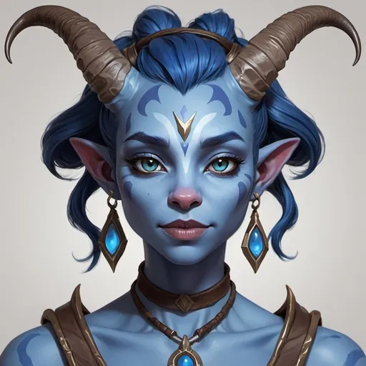 Prompt: Create a detailed, high-quality digital portrait of a blue-skinned, anthro character with horns and a blue body, inspired by the concept art style of tieflings from Dungeons & Dragons (D&D) and Arcane. The character should resemble Jinx from Arcane, with a hint of alluring and mysterious features. Use a fantasy setting and a matte finish. Additionally, incorporate elements of cat-like features to create a unique and captivating design.