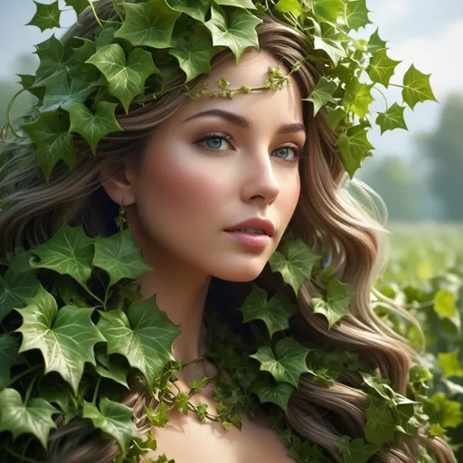 Prompt: A captivating masterpiece emerges within a vibrant meadow as the ethereal Ivy Woman, a fusion of art and nature. Rendered in stunning 3D hyperrealism, her intricate form, made entirely of intertwining ivy vines, showcases the beauty and strength of the natural world. Striking a powerful pose, her toned physique, captured in high resolution, serves as a testament to nature's resilience. This innovative piece challenges traditional concepts of beauty, encouraging viewers to appreciate the boundless creativity inspired by our environment.

