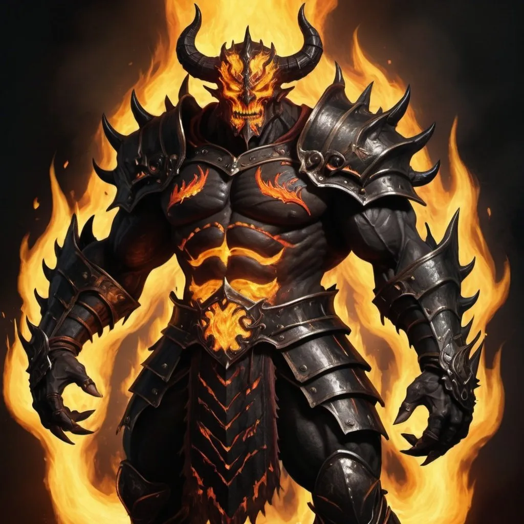 Prompt: Design a cartoon image of a muscular, humanoid demon with a blazing yellow flame atop his head, conjuring an aura of fiery power. Clad in scorched, obsidian armor that emanates an otherworldly glow, the demon is an embodiment of a fire golem creature and pyromancer. Incorporate elements of fire elemental and burnt armor aesthetics to emphasize his dominion over flames. Drawing inspiration from Dark Souls boss concepts, portray the character as a formidable "Lord of Cinder" with a djinn-like essence and a commanding presence. Craft intricate details on his demon armor, and grant him a menacing yet captivating expression, radiating the raw energy of a menacing Balrog demon.