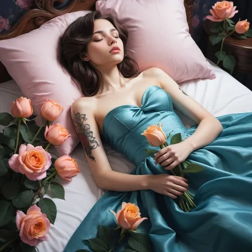 Prompt: a woman laying on a bed with roses around her and her body covered in a blue dress and a rose, Anka Zhuravleva, neo-romanticism, dreamlike, a photorealistic painting, 1girl, afloat, bed, black flower, black rose, blue rose, bouquet, bride, camellia, closed eyes, confession, dress flower, flower, flower ornament, green flower, holding bouquet, holding flower, leaf, lily pad, long hair, lotus, lying, nose, on back, orange flower, perfume bottle, pillow, pink flower, pink rose, tattoo, purple flower, purple rose, realistic, red flower, red rose, rose, rose petals, rose print, sleeping, solo, spoken squiggle, squiggle, tattoo, tenjou utena, thorns, tulip, used tissue, uterus, vase, vines, white flower, white rose, yellow flower, yellow rose