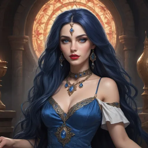 Prompt: Create a visually striking design of a Caucasian sorceress with ocean-blue eyes and long dark blue hair. Add freckles to complement her fair skin and enhance her natural beauty with red lipstick. Emphasize  figure and large chest, dressing her in an enchanting blue gown adorned with gemstones. Ensure the highest quality in character design, depicting her as an alluring and powerful sorceress who commands attention with her mystical presence.

